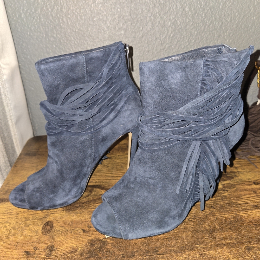 Vince Navy Suede Fringe Heeled Boots